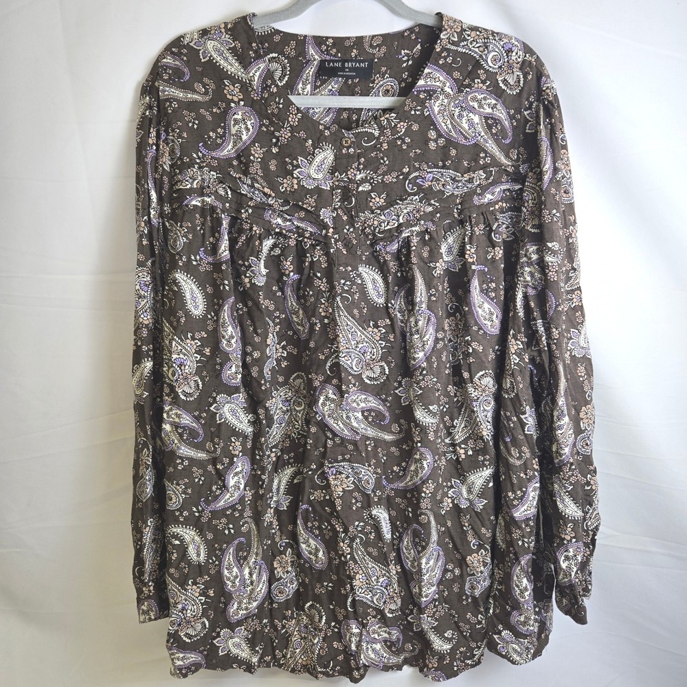 Lane Bryant Paisley Crewneck Pintuck Long Sleeve‎ Blouse Boho Casual Brown 28